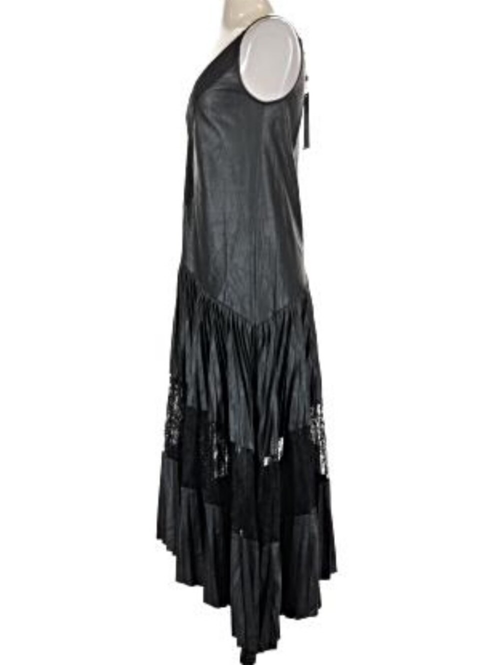 New With Tag BCBGMAXAZRIA FAUX LEATHER LACE INSET PLEATED ASYMMETRIC I DRESS - Picture 4 of 7